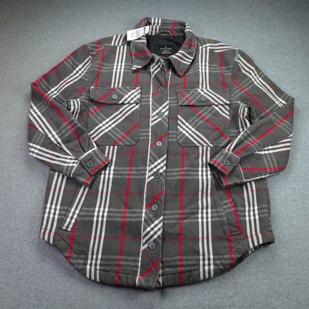 Empyre Jacket Womens‎ Medium Charcoal Red Plaid Brushed Flannel Kiva Shacket